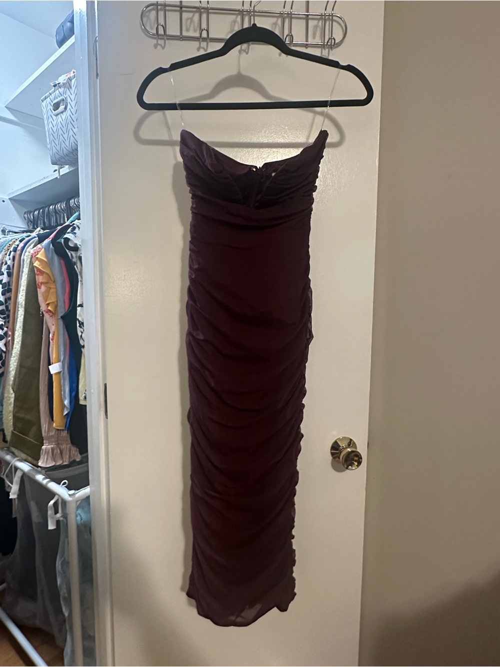 Oh Polly Strapless Ruched Maxi Dress in Burgundy Plum